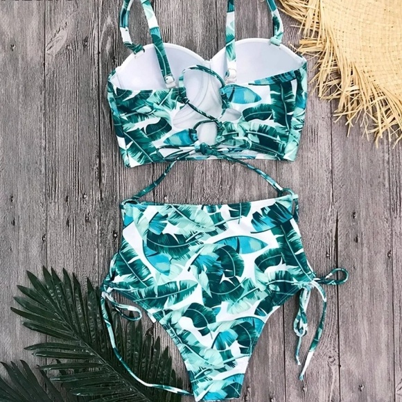 Tropical Leaf Lace Up High Waist Bikini Set - Picture 4 of 8